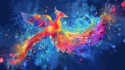 Phoenix. Abstract, Color, neon, digital drawing of the phoenix bird in watercolor style on a blue background.