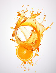 Orange juice splash with orange piece on white background, GenerativeAI, fresh drink