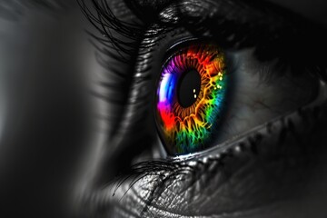 Black and white photo of an eye with a rainbow iris, closeup Isolated on black background