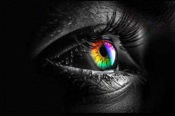 Black and white photo of an eye with a rainbow iris, closeup Isolated on black background