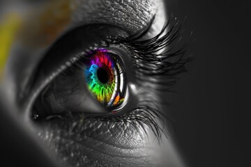 Black and white photo of an eye with a rainbow iris, closeup Isolated on black background