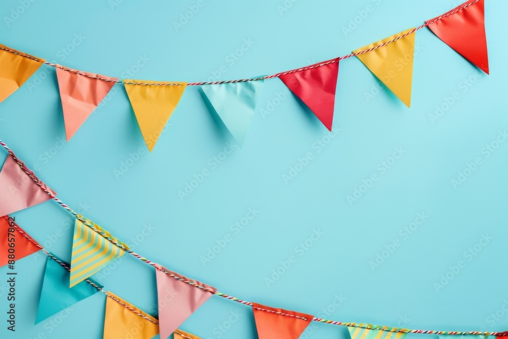 Poster cheerful pennant strings on a pastel blue background, made of colorful triangular flags creating a d