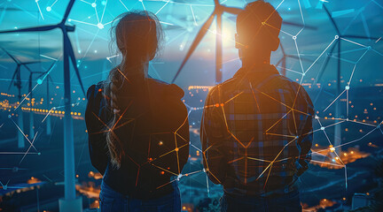 Engineers working on energy transition projects, integrating renewable energy sources into the grid. Generative AI.