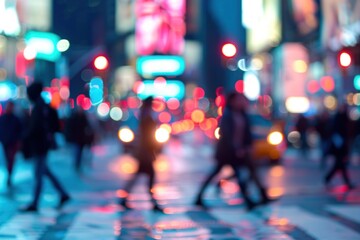 Fototapeta premium Blurry city street scene, crowd of people walking, vibrant evening lights, busy urban environment, motion blur
