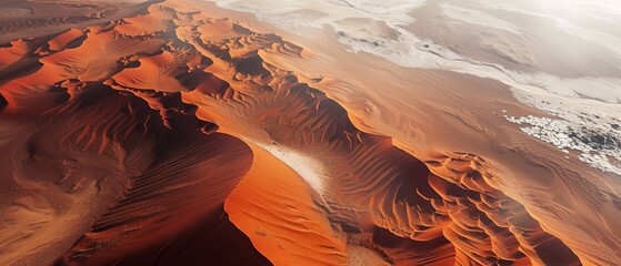 The stark contrast between the vibrant orange dunes and the bright white plains creates a breathtaking landscape, The intricate patterns formed by the wind on the sand dunes are visible from above.