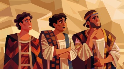 Genesis : The Defilement of Dinah , Dinah’s Brothers Reacting with Anger and Grief, Genesis Story, Biblical Illustration, Beige Background, Copyspace