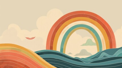 Genesis : The Great Flood , Biblical Illustration of God&rsquo;s Promise Symbolized by a Rainbow, Genesis, Beige Background, Copyspace