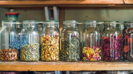 Herbal tea assortment, various dried herbs in jars, vibrant and detailed, cozy kitchen setting,