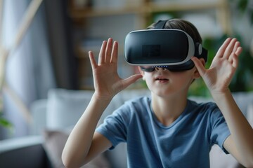 boy using modern VR glasses plays game and fly, touching something invisible, experiencing virtual reality