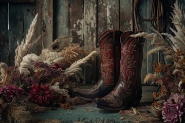 A pair of worn leather cowboy boots sit amongst dried pampas grass and deep-hued florals, creating a rustic and artistic scene