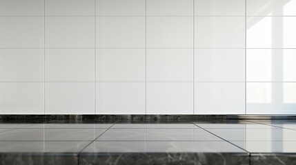 empty space with a sleek kitchen wall with glossy white tiles and a smooth granite tabletop floor, providing a minimalist and stylish kitchen background.