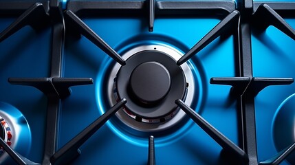 Obraz premium Close up of modern blue gas stove burner. Concept of cooking, kitchen appliances, and home chef.