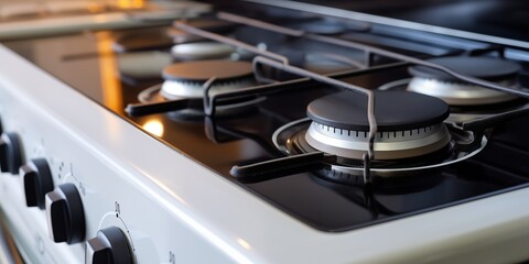 Close-up of a modern gas stove with black glass surface and metal burners. Concepts. cooking, kitchen appliances, home, domestic life.