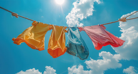 Clothing hanging rope, colorful clothing, blue sky and white clouds background. Generative AI.