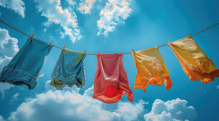 Clothing hanging rope, colorful clothing, blue sky and white clouds background. Generative AI.