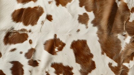 A close up of the brown and white spotted cow's spots. cow leather.