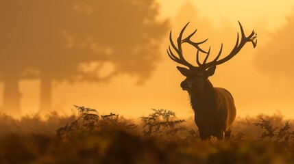 Red Deer stag in morning mist.