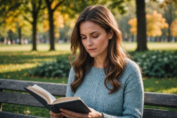 portrait of Woman reading  a book outside