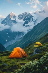 Two Tents Pitched on a Grassy Plateau With Mountain Views