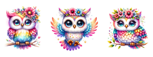 Naklejka premium Watercolor Cute Colorful Owls Isolated on Transparent Background