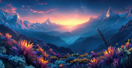 Plants in the foreground with mountains in the mid-ground and night sky with stars in the background, bright colors. Generative AI. © visoot