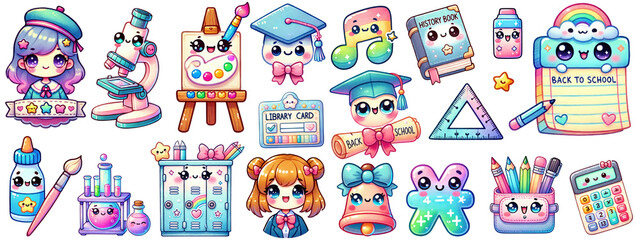 Fototapeta premium Cute school supplies and characters clipart collection, back to school elements