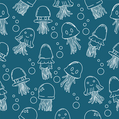 seamless pattern hand drawn illustration with jellyfish theme in outline style