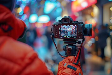 E-commerce Entrepreneur Filming Product Launch in City Setting at Night