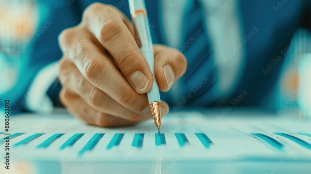 Poster close-up of a business person analyzing financial data and making notes on a graph. professional foc