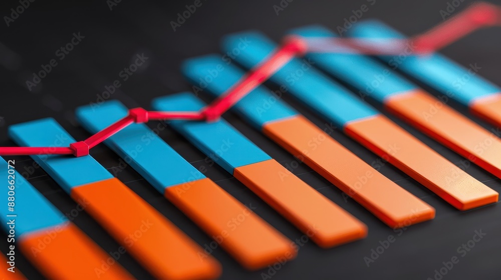 Poster close-up of a colorful bar graph with a red line showing data trends and analysis on a dark backgrou