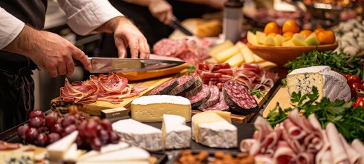 Food macro photography. Slicing deli meats, cheese, bread, tomatoes, olives and wine.	