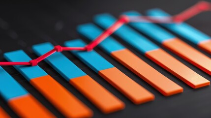Close-up of a colorful bar graph with a red line showing data trends and analysis on a dark background, emphasizing business growth and statistics.