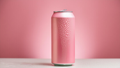 Pink aluminum can with water drops on pink background. Carbonated soda. Tasty beverage. Mock up