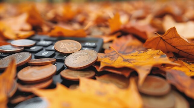 Close-up of a calculator covered with autumn leaves and scattered coins, symbolizing fall budgeting and financial planning.