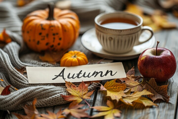 Autumn scene with pumpkins, tea, and leaves on a rustic wooden table.
