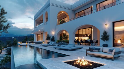 Obraz premium A beautiful villa with modern fire pit, modern, contemporary design. Generative AI.