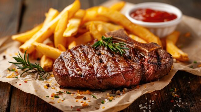 Delicious grilled steak frites on wooden table