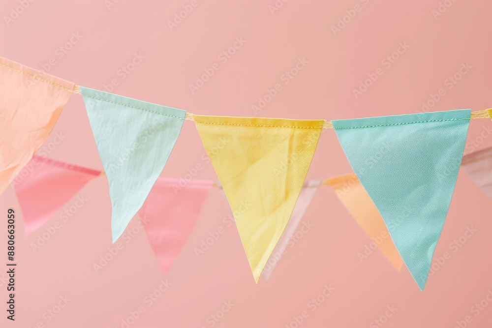 Poster close-up of colorful pennant string decoration against a soft pink backdrop. the fabric is textured 
