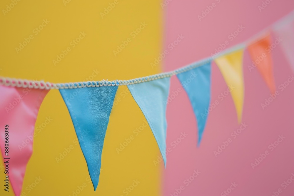 Poster close-up of a colorful pennant string hanging against a soft yellow and pink background, emphasizing