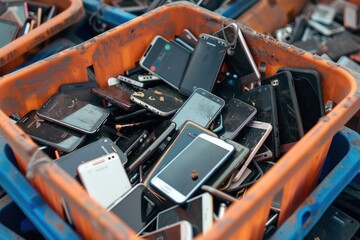 Fototapeta premium A bin full of old smartphones at the e-waste site