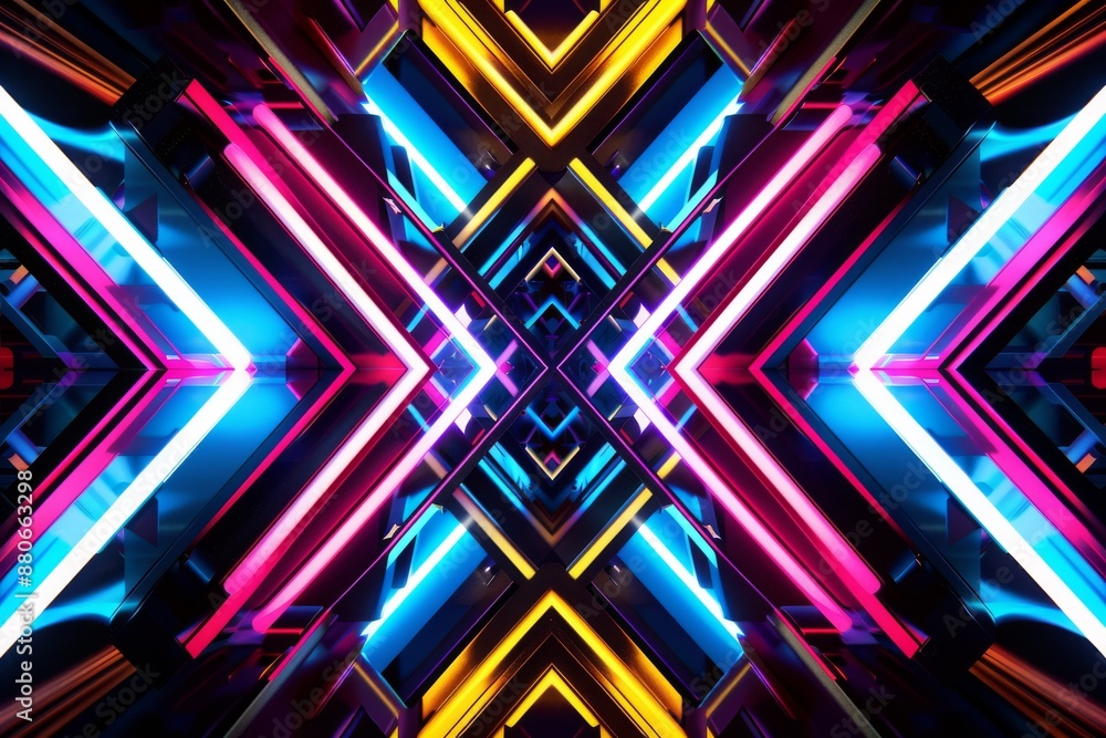 Poster a close-up shot of vibrant neon geometric shapes intersecting in a symmetrical pattern, creating a d