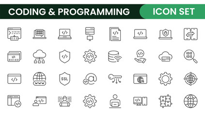 Programming coding set of web icons in line style. Software development icons for web and mobile app. Code, api, programmer, developer, information technology, coder and more.