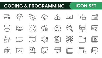 Programming coding set of web icons in line style. Software development icons for web and mobile app. Code, api, programmer, developer, information technology, coder and more.