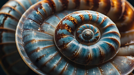 Obraz premium Fibonacci spiral. Close-up snail shell in the form of a fibonacci spiral. Nautilus shell. Generative AI