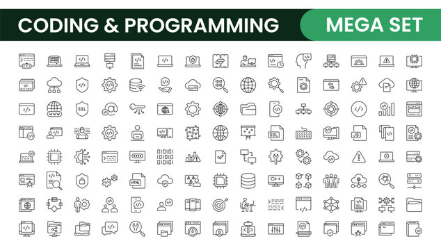 Programming coding set of web icons in line style. Software development icons for web and mobile app. Code, api, programmer, developer, information technology, coder and more.