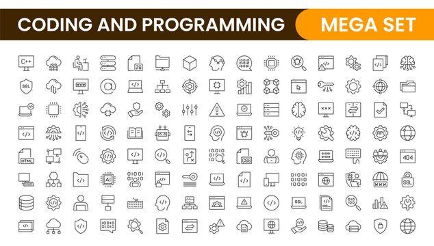 Programming coding set of web icons in line style. Software development icons for web and mobile app. Code, api, programmer, developer, information technology, coder and more.