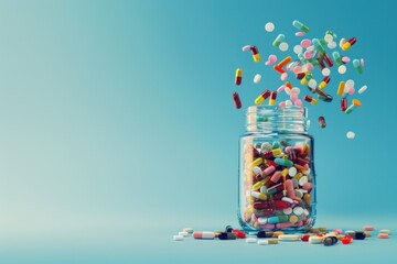 A close-up of a glass jar spilling out colorful pills and capsules, against a blue background