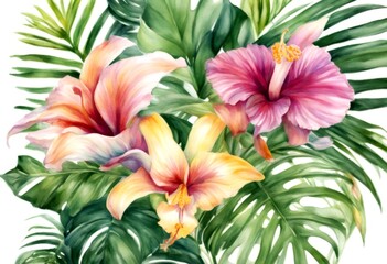 Fototapeta premium on watercolor flower leaves floral nature orchid illustration white palm bouquet green cala lily leaf background hibiscus exotic olated tropical