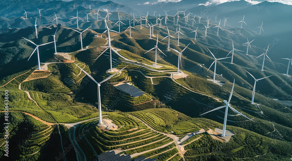 Poster many wind turbines facing right, wind turbines and solar panel field on a mountain. aerial high view