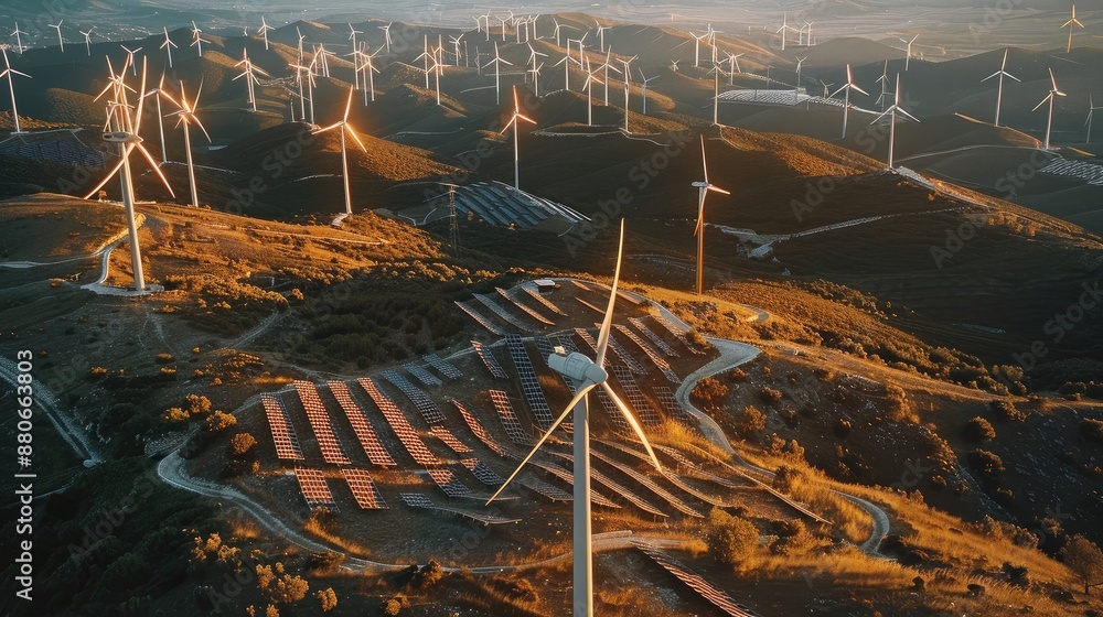 Poster many wind turbines facing right, wind turbines and solar panel field on a mountain. aerial high view